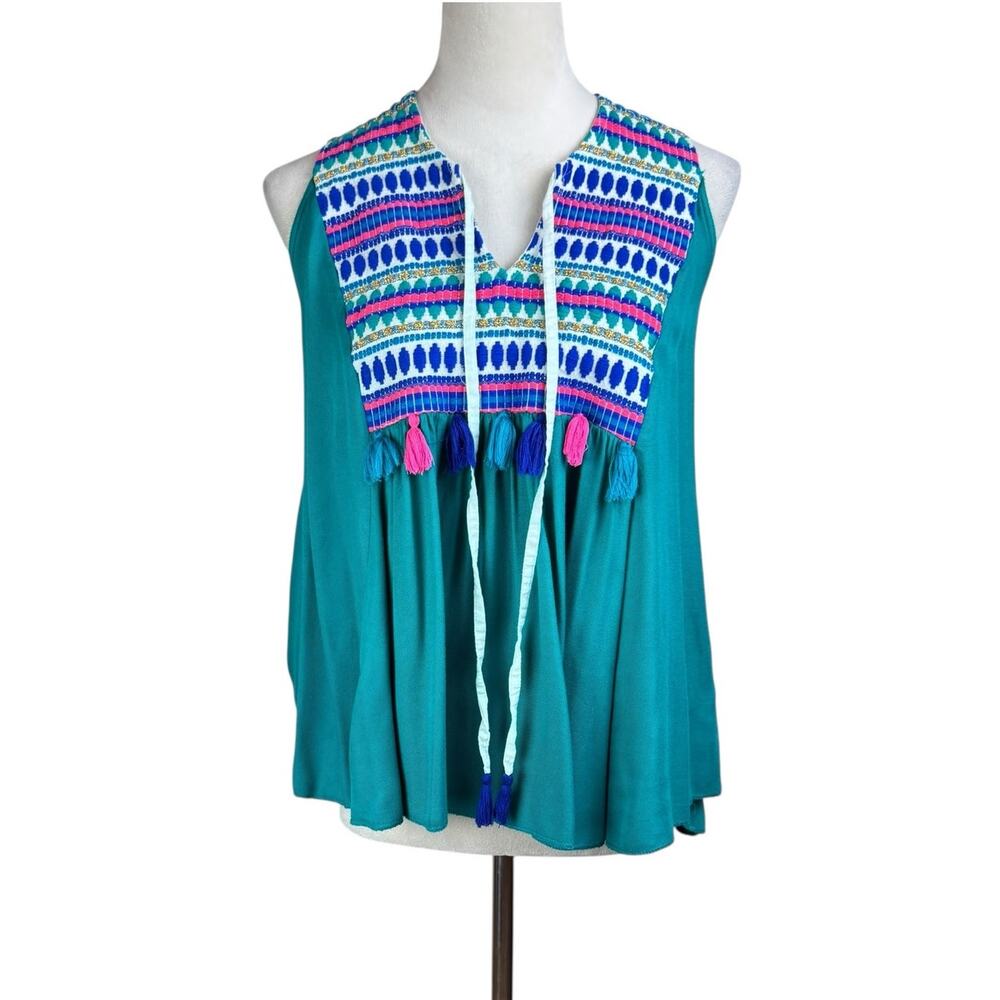 Judith March Teal Multicolor Geometric Design Tasseled Soft Flowy Top